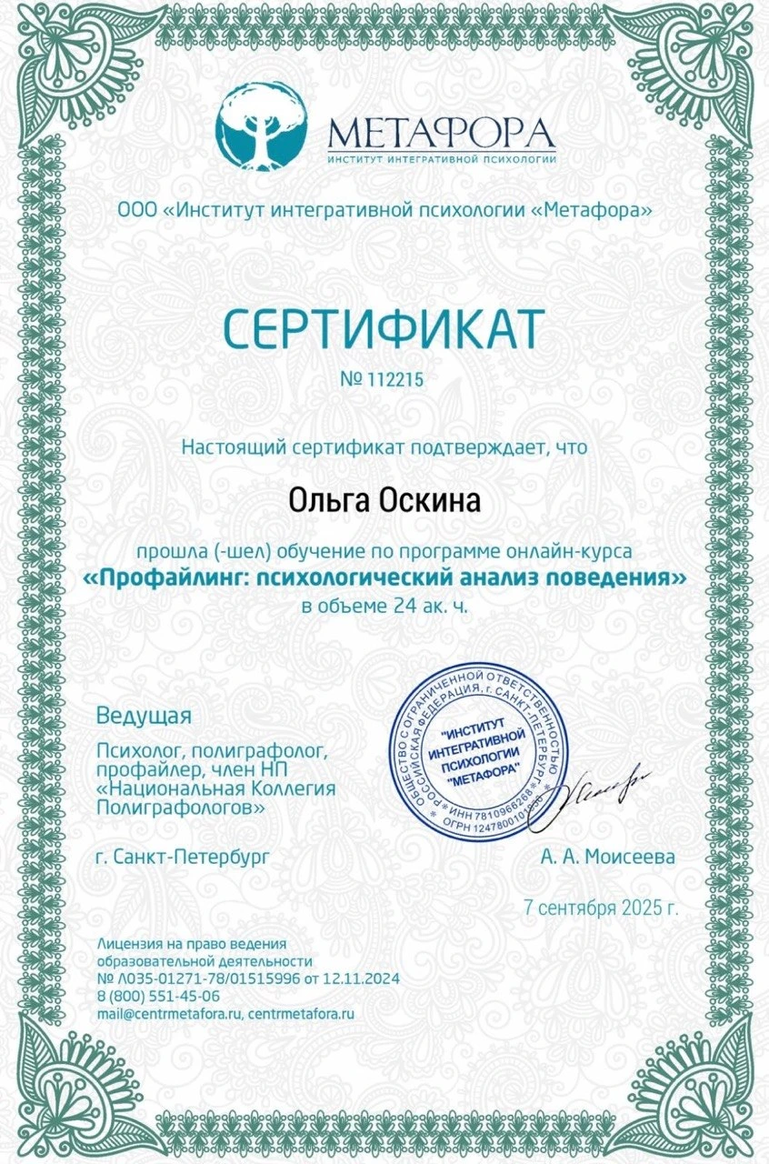 Сертификат: Профайлинг: психологический анализ поведения